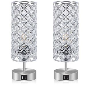 Touch Control Crystal Lamps USB C+ Charging Ports, Set of 2